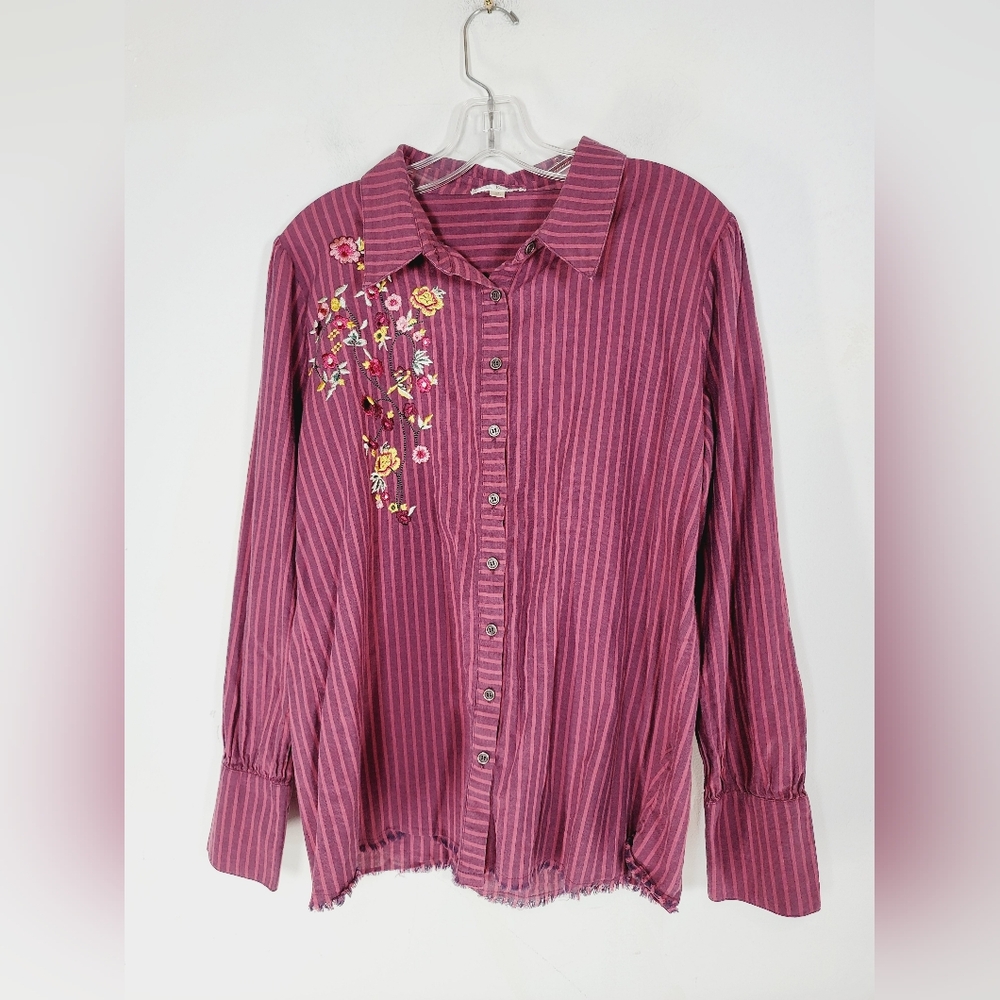 Nine Britton Striped Purple Button-Up Shirt with Floral Embroidery, Size XL